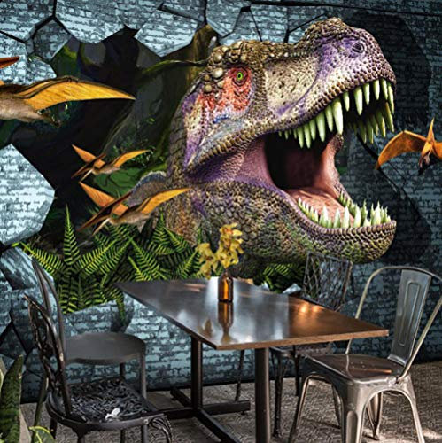 Photo Papier Peint Mur de briques dinosaures animaux 3D Intissé Décoration Murale XXL Poster Trompe l oeil Tableaux Muraux pour Salon Chambre Toile de Fond Mur 250x175cm