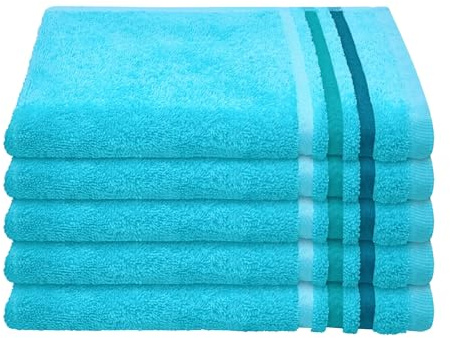 Schiesser Gästetuch | 5er Set | 100% Baumwolle | Türkis | Streifenbordüre | 30x50 cm | flauschig & saugstark | sorgfältig eingenähter Kordelaufhänger | OEKO-TEX® MADE IN GREEN