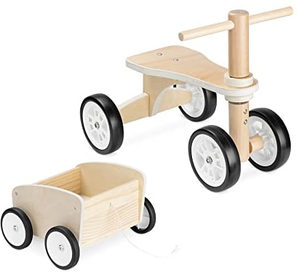 Navaris Bicicleta de Madera sin Pedales - Bici pequeña de 4 Ruedas con Remolque para niños +18 Meses - Correpasillos para Practicar Equilibrio