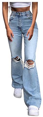 Jeanshose mit Löchern Damen Weites Bein Schlaghose Y2K Mode High Waist Bootcut Pant Bein Boyfriend Stretch Skinny Jeans Hosen Vintage Jeanshose Schlagjeans Streetwear Baggy Denimhose