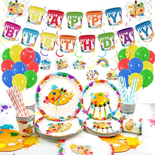 LSJDEER Kunst-Geburtstagsparty-Zubehör, Malparty-Geschirr-Set – Teller, Becher, Servietten, Strohhalm, Tischdecke, HAPPY BIRTHDAY-Banner, hängende Wirbel, Ballon für Malparty – 20 Gäste
