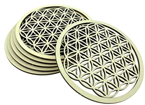 6 Stück Untersetzer Blume des Lebens aus Birkenholz Ø 10cm für Getränke Kaffee Tee Deko Meditation (6er Set Blume des Lebens)