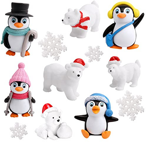Gukasxi 12 Stück Süße Pinguin Eisbär Harz Miniatur Garten Figuren, Weihnachtsdeko Schneeflocken und Polar Tierfiguren Kuchen Topper, Micro Landschaft Dekoration