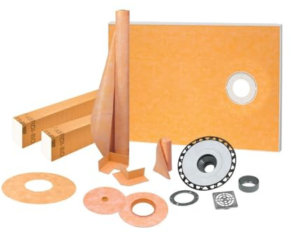 Schluter Kerdi Shower Kit with Shower Tray, Curb, Waterproofing Membrane, Strips & Seals - ABS Plastic, 38 x 60 Tray Size, Off-Center Outlet Position - KSK9651525SABSE