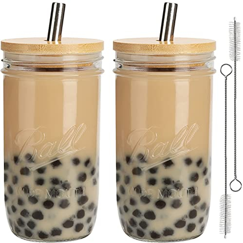 HASA zone Iced Coffee Cup with Lid and Straw, 2 Set of 24Oz Wide Mouth Mason Jar Drinking Glass Reusable Glass Jars for Iced Coffee, Boba Tea Drinks, Cocktails Milkshake and Smoothie