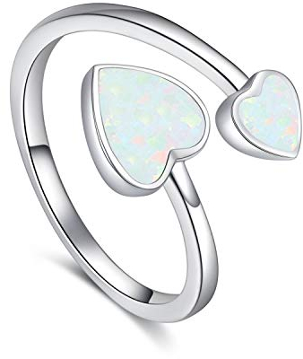 Ring Damen Herz 925 Sterling Silber Verstellbar Offener Herz Opal Ring Liebe Herz Versprechen Verlobungsring Schmuck für Damen Mädchen