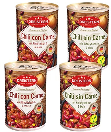 DREISTERN Chili con Carne und sin Carne mit Rindfleisch und mit Soja 4 Dosen à 400g | Pikante Eintöpfe in der recyclebaren Konservendose | viel Einlage mit Bohnen & Mais