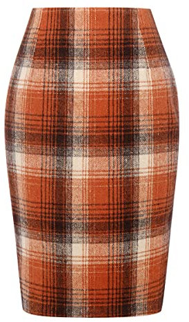 Kinghua Damen-Bleistiftrock aus Wolle, kariert, für Herbst und Winter, hohe Taille, figurbetont, Bleistiftrock, Orange/Knie, X-Groß