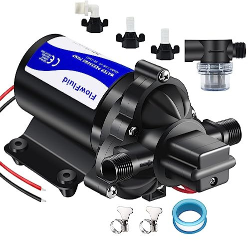 FlowFluid 12V DC Water Pressure Booster Diaphragm Pump for RV,45PSI 4GPM Washdown Fresh Self Priming Electric for Boats with Filter, Transfer On Demand Pump for Marine Yacht Caravan Garden Hose