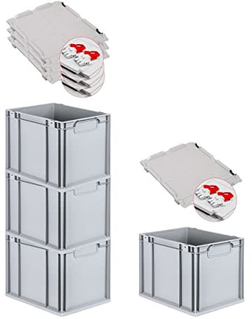 PROREGAL SuperSparSet 4x Eurobox NextGen Economy mit Scharnierdeckel & roten Verschlüssen | Griffe geschlossen | HxBxT 32x30x40cm | 30 Liter | Eurobehälter Transportbox Transportbehälter