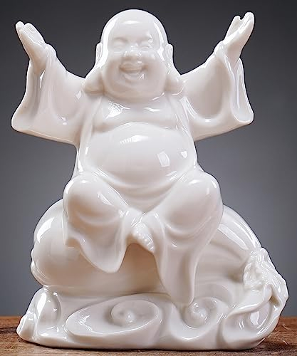 QINLANG Kleine weiße lachende Buddha-Statue aus Keramik für Glück, glücklicher Buddha-Statue, sitzend auf Geldbeutel, für Glück und Wohlstand