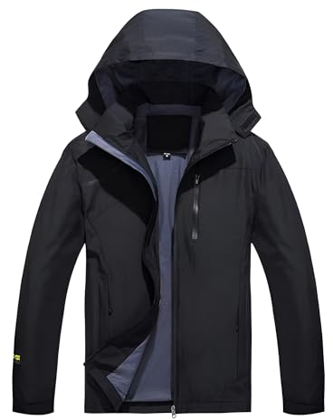Ynport Crefreak Hommes Extérieur Imperméable Veste de Pluie Respirante Doublée de Randonnée Manteau de Pluie Coupe-vent Avec Capuche Détachable et Poche à Fermeture éclair, Noir, L