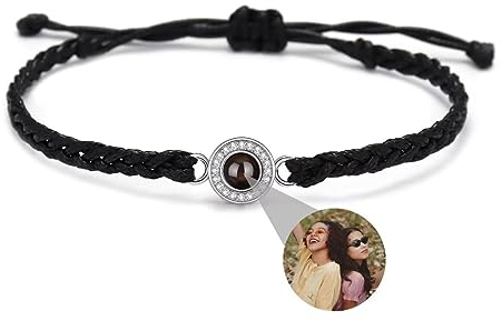 Liskanap Foto Armband Personalisierte Rund Projektion Armband mit Eigenen Bild im Stein Lupe Foto Armbänder Versteckte Fotoarmband für Damen Frauen Freundschaft Familie Schwarz Weiß