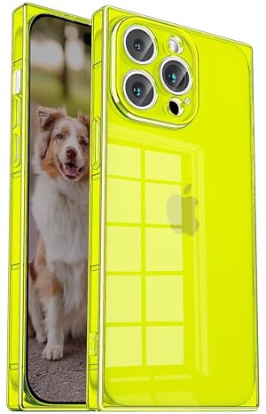 Tzomsze Square iPhone 15 Pro Max Clear Case,Full Camera Protection & Reinforced Corners TPU Cushion,Slim Silicone Shockproof Case Cover for Women Girls 6.7 inch 2023 Neon Green