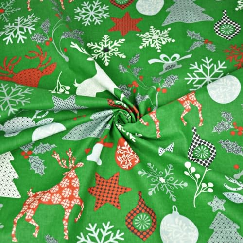 Textrend Baumwollstoff Weihnachten - Stoff zum Nähen - 100% Baumwolle - Weihnachtsstoffe - Textilien 1x1.6m - Stoffe Meterware (Weihnachtsbaum-Hirsch - grün)