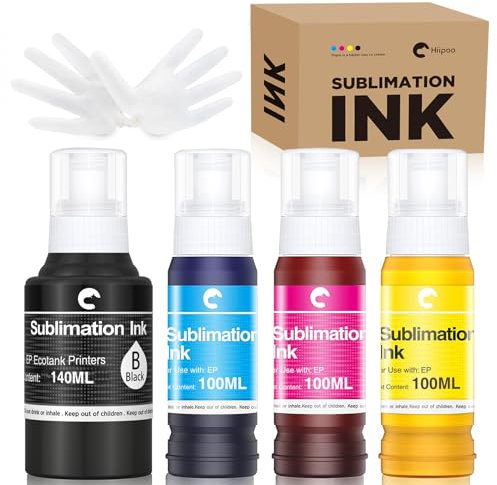 Hiipoo 440ML Sublimation Ink Refilled Bottles Compatible for ET2400 ET2720 ET2760 ET2750 ET4800 ET-2800 ET-2803 ET-2850 Inkjet Printers Heat Press Transfer on Mugs T-Shirts, 1BK/1C/1Y/1M