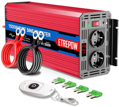ETREPOW 1500W/3000W 12V auf 230V Reiner Sinus Wechselrichter Spannungswandler Wechselrichter Konverter Pure Sine Wave Power Solar Inverter mit 2 EU-Steckdose,Drahtlose Fernsteuerung