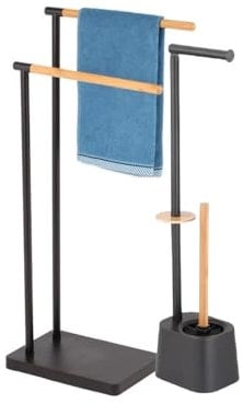 Kit 2 Piantane da Bagno in Acciaio Smaltato e Inserti in Bambù Piantana WC Porta Carta Igienica, Porta Scopino, Porta Asciugamani Accessori Bagno Pratiko Life (Nero)