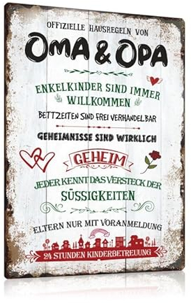 ESFIVHO Retro Blechschilder Oma Opa Schild 20x30cm - Metallschilder mit lustig Sprüchen - OFFIZIELLE HAUSREGELN VON OMA OPA - Geschenk für Geburtstag Großeltern Rentner Senioren Enkelkinder lieben.G4