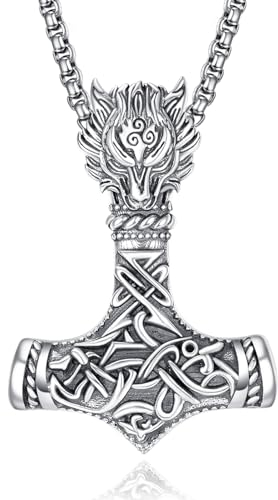 ADMETUS Thor Hammer Kette Silber 925 Mjölnir Kette Herren Wikinger Thors Hammer Halskette mit Wolf Kette Wolf Anhänger Halskette Wikinger Geschenke für Herren