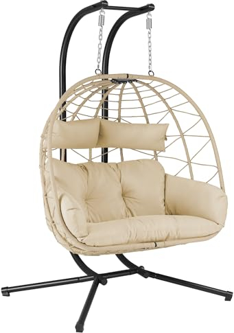 HinHocker Silla Colgante con Soporte, Cojín y Almohadilla XXL | 2 Personas | Columpio Colgante Interior y Exterior | Estructura Metálica, Columpio de Jardín/Terraza, Silla Huevo, Cesta Colgante