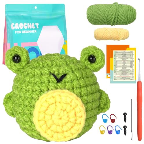 MJARTORIA Strickset Häkelset für Anfänger Tiere, Häckeln Stricken für Anfänger Set mit Anleitung Häkelnadeln Garn, Kreativ Strickset Bastelset Erwachsene Kinder Geschenk (Grün Frosch)