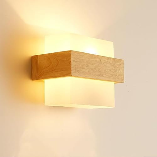 DELIPOP Applique Murale Intérieure Bois, Moderne Lampe Murale E27 avec Abat-jour en Verre, Créative Design Éclairage Mural Intérieure pour Chambre Salon Couloir Escalier Café