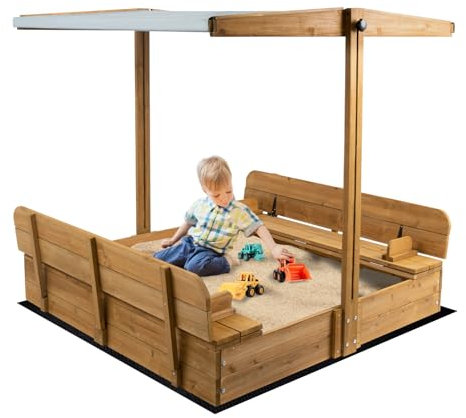 Kids Sand Box with Cover,Wooden Outdoor Sandbox with Lid,Foldable Bench Seat/Adjustable Canopy,UV-Protection &Natural Wood,Sand Box for Kids Ages 2-8(47x47in)