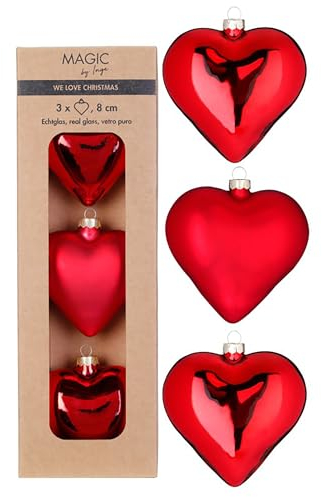 Christbaumschmuck Herzen Glas 8cm 3er Set - matt & glänzend - Christbaumkugeln für Weihnachtsbaum - Weihnachtskugeln & Weihnachtsbaumschmuck zu Weihnachten Rot - Merry Red
