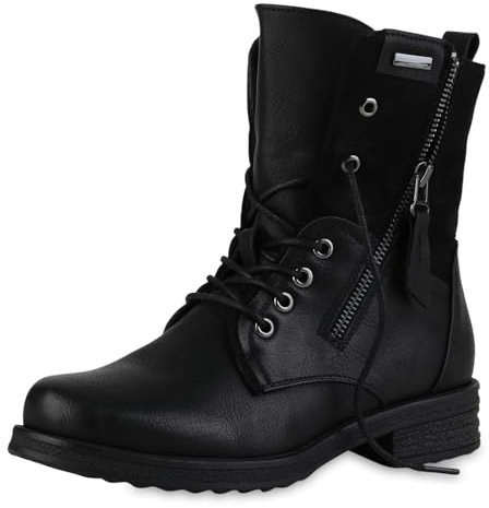 VAN HILL Damen Schnürstiefeletten Blockabsatz Zipper Trendy Schuhe 216379 Schwarz 38