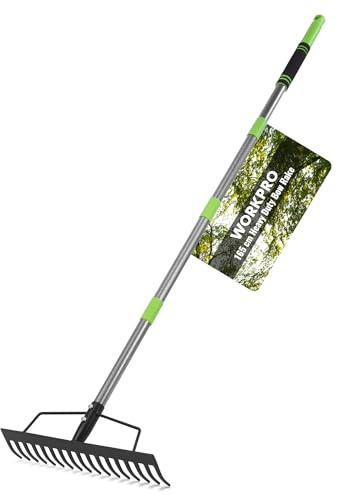 WORKPRO Rastrello ad Arco da Giardino con Manico, Rastrello a 17 Denti | Regolabile e Smontabile (86-165 cm), Rastrello per Foglie in Acciaio per Carichi Pesanti, Ideale per Rastrellare e Livellare