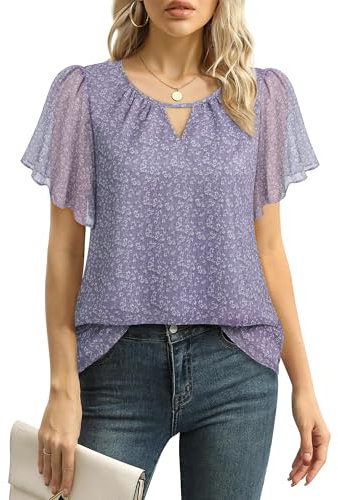 Gaharu Chiffon Bluse Damen Elegant:Oberteile Damen Sommer Tunika - Kurzarmbluse festlich Business Casual Frauen Mode Oberteile Professionell Arbeit Shirt Blumen Lila L
