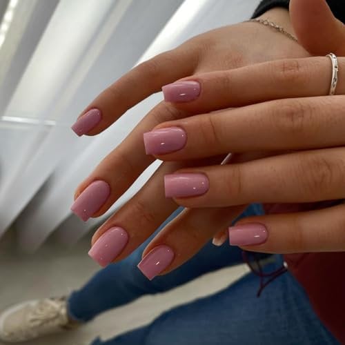 SXVME Dark Pink False Nails Short Medium Square, Gel Press on Nails Coffin Medium Glossy Fake Nails Set Solid Color Acrylic Nail Natural Fit Reusable Stick on Nail for Women Daily Wear, in 24 Pcs