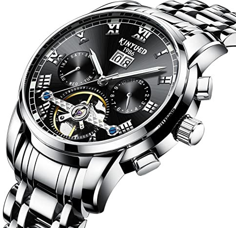 HFWXYSA Luxus-Mode, automatisch, mechanisch, Herren, Armband, Kalender, beleuchtet, Edelstahl, wasserdicht, multifunktional, Tourbillon Uhren, Schwarz