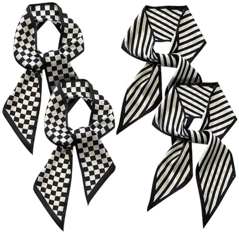 Lot de 4 foulards en satin noir et blanc à carreaux rayés élégants pour sac tendance décontracté et formel, noir/blanc, 85 x 6cm(L x W)