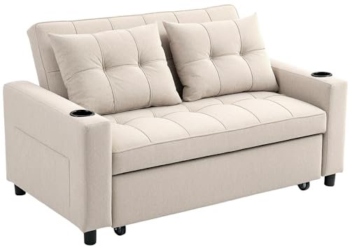 HOMCOM 2 Seater Sofa Bed, Convertible Pull Out Sofa Bed with Adjustable Backrest, Cup Holders and Pillows, Click Clack Settee for Living Room, Bedroom, Guest Room, Beige