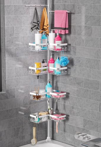 Taozun Telescopic Shower Caddy Corner - 2 Towel Bars and 4 Baskets, Adjustable Height Bathroom Corner Storage Shelf without Drilling Silver