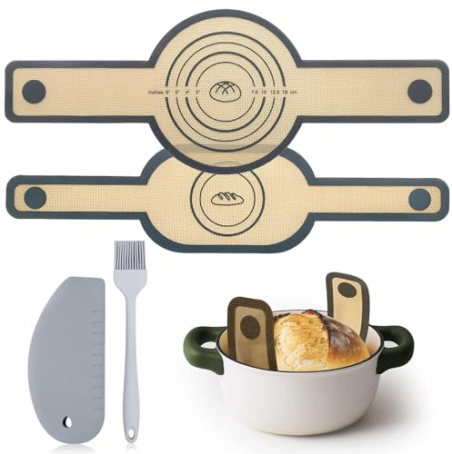 2 Pezzi Tappetini da Forno in Silicone, Tappetino Pane per Forno Olandese, con Spatola e Pennello, Tappetino in Silicone Riutilizzabile con Manici Lunghi, Grigio