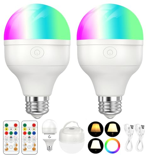 Focenat 2 Pieza Bombillas Colores RGB LED,Bombilla recargable con mando a distancia,Bombilla Regulable Cambio de Color con temporización,E27 Luz de emergencia con imán,Per camping al aire libre