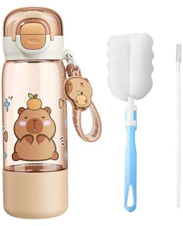 Evadollina Botella de Agua Capybara, Botella para Niños, Artículos Capybara, Botellas de Agua, Botella Deportiva, con Herramientas de Limpieza y Pegatinas 3D, para Exteriores (510 ml)