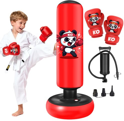 Ninonly 130cm Boxsack Kinder mit Boxhandschuhen und Pumpe | Stabile Kinder Aufblasbare Boxsack Set, PVC Material Verdickt, Üben von Karate,Taekwondo, für Jungen und Mädchen Alter 3+