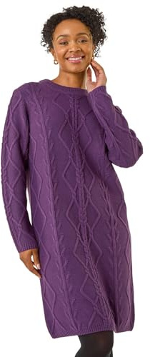 Roman Petite Cable Knit Jumper Dress for Women UK - Ladies Everyday Autumn Winter Round Neckline Comfy Soft Evening Vacation Work Party Night Out - Petite Purple - Size 16
