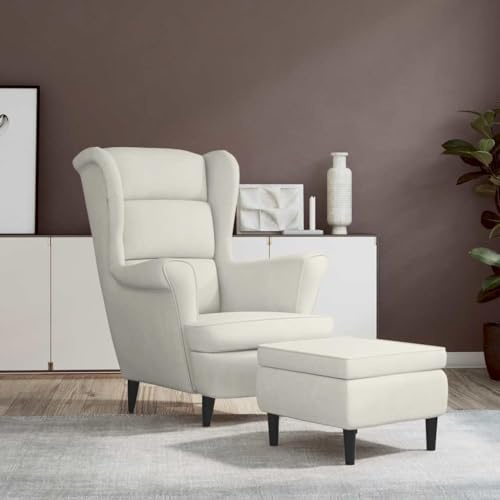 Massbinet Sessel Gemütlich Gepolstert mit Metallbeinen Lesesessel bequem Loungesessel aus Samt für Wohnzimmer Schlafzimmer Ohrensessel mit Hocker Creme Samt