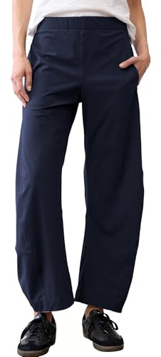 SeeLuNa Women Barrel Travel Pants Elastic Waistband Tapered Leg Baggy Mid Rise Work Trousers Lounge Pant with Pockets, Navy, M