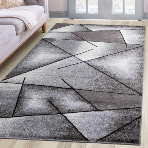 oKu-Tex Teppich Wohnzimmerteppich [140x200 cm] weicher Kurzflor grau meliert - Grauer Teppich für das Wohnzimmer - Carpet Living Room - Modernes geometrisches Design - Deutsche Marke