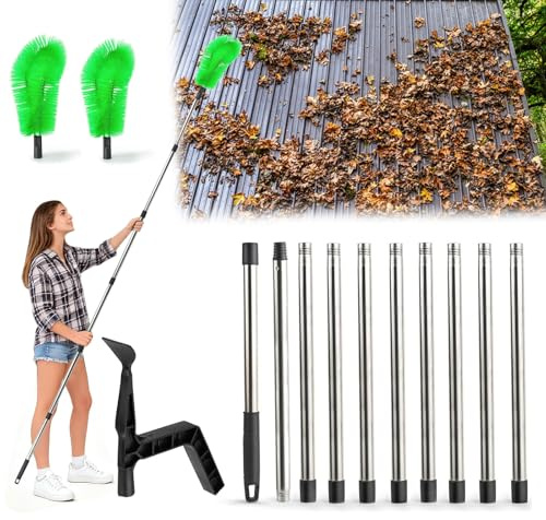 390CM Dachrinnenreiniger, Dachreiniger mit Teleskopstiel, Dachrinnenbürste und Reinigungslöffel Schaufel 2 in 1, Regenrinnen Reiniger für Reinigen von Blättern, Fenstern, Kronleuchtern