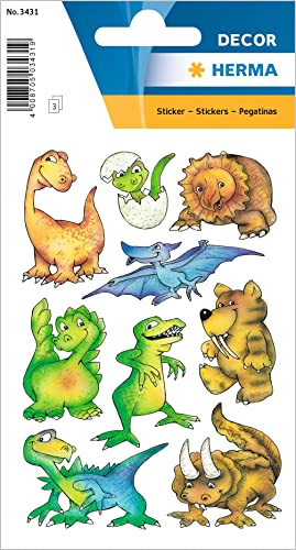 HERMA 3431 Aufkleber Dinosaurier klein groß, 27 Stück, Tiere Sticker mit lustigen Dino Motiv, Kinder Etiketten für Fotoalbum Tagebuch Poesiealbum Scrapbooking Geburtstag Dekoration Briefe DIY Basteln