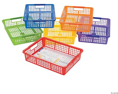 Fun Express Stackable Storage Bins 13x9.75x3 Inch - 6 Pack Colorful Plastic Storage Baskets with Handles for Classroom Organization | Paper Trays for Teachers, Office Storage & Home Organizing