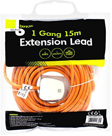 Benross 45330 15m Extension Lead / 1-Way Extension Cable / Ideal for Home, Office or Garden / 1 UK Plug Socket / 240V AC, 5 Amps / Orange Colour Cable