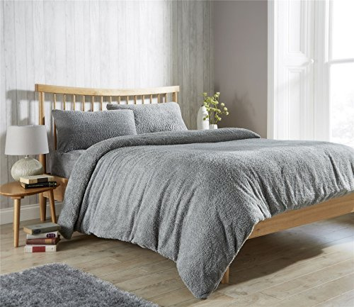 Olivia Rocco Teddy Fleece Duvet Cover Set Super Soft Warm Cosy Quilt Covers Bedding Sets With Pillowcases, Grey Super King